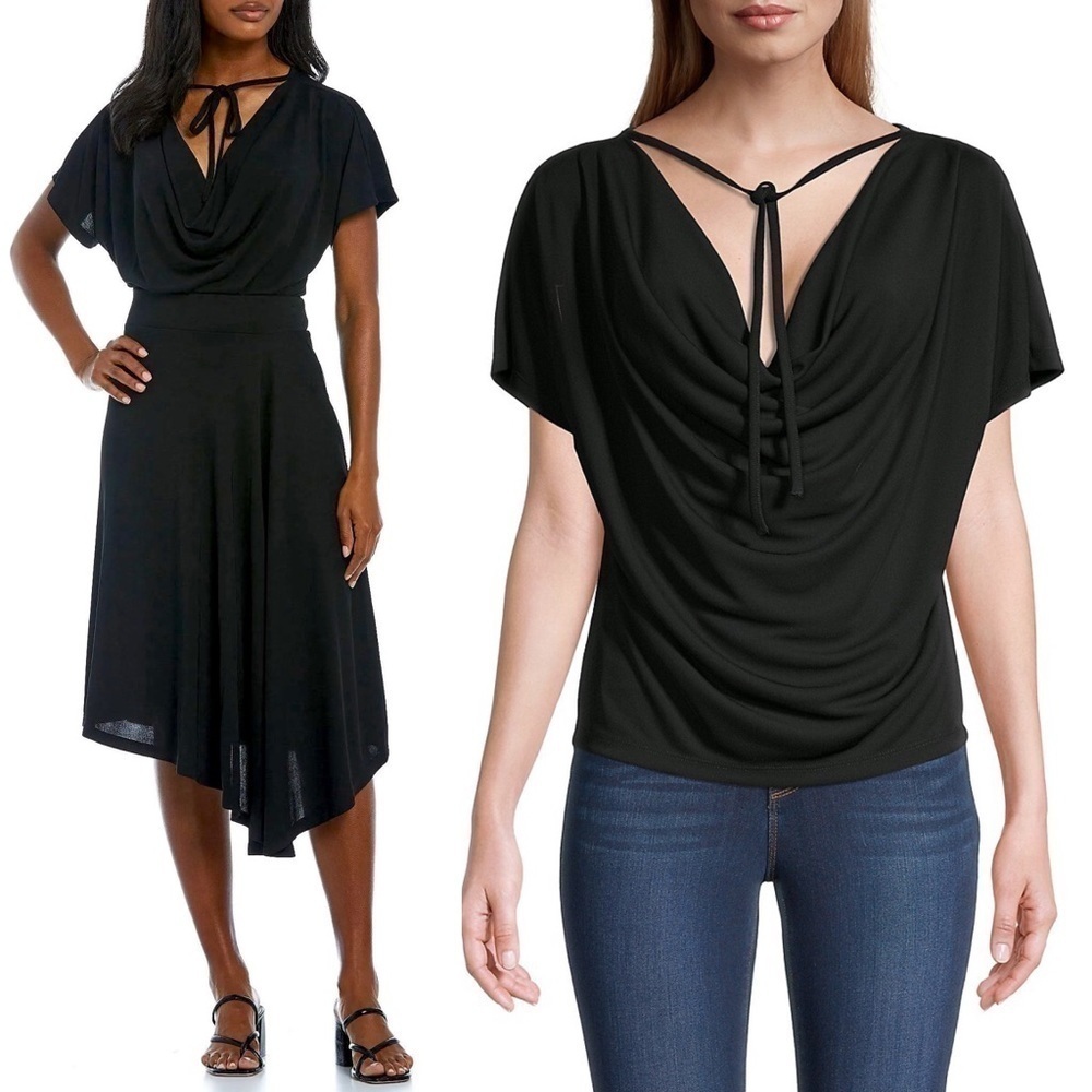 DONNA KARAN Short Sleeve Draped‎ Cowl Neck Tie Front Relaxed Ballet Blouse L/XL